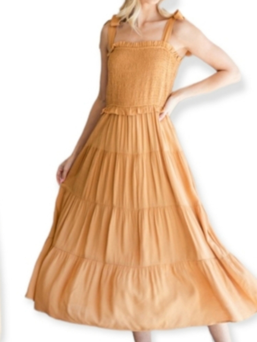 Jodifl Smocked Tiered Boho Midi Summer Dress w Pockets Cottage Prarie Core